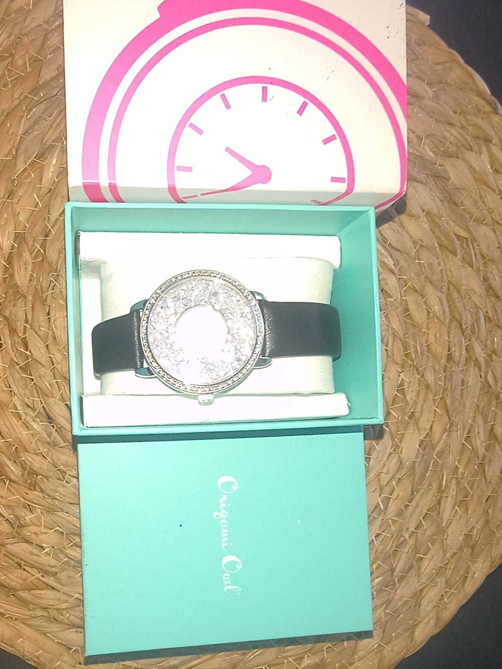 Origami Owl Black Leather Watch with Crystal Halo Dial